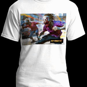 Graphic t-shirt featuring two aggressive zombies sprinting through a chaotic urban street with motion blur and vibrant colors, part of the SPYDRIVE horror-themed apparel collection.