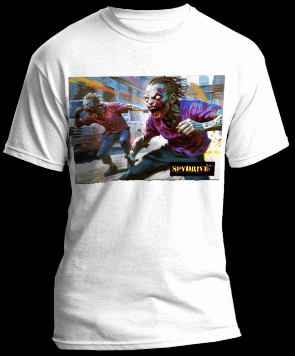 Graphic t-shirt featuring two aggressive zombies sprinting through a chaotic urban street with motion blur and vibrant colors, part of the SPYDRIVE horror-themed apparel collection.