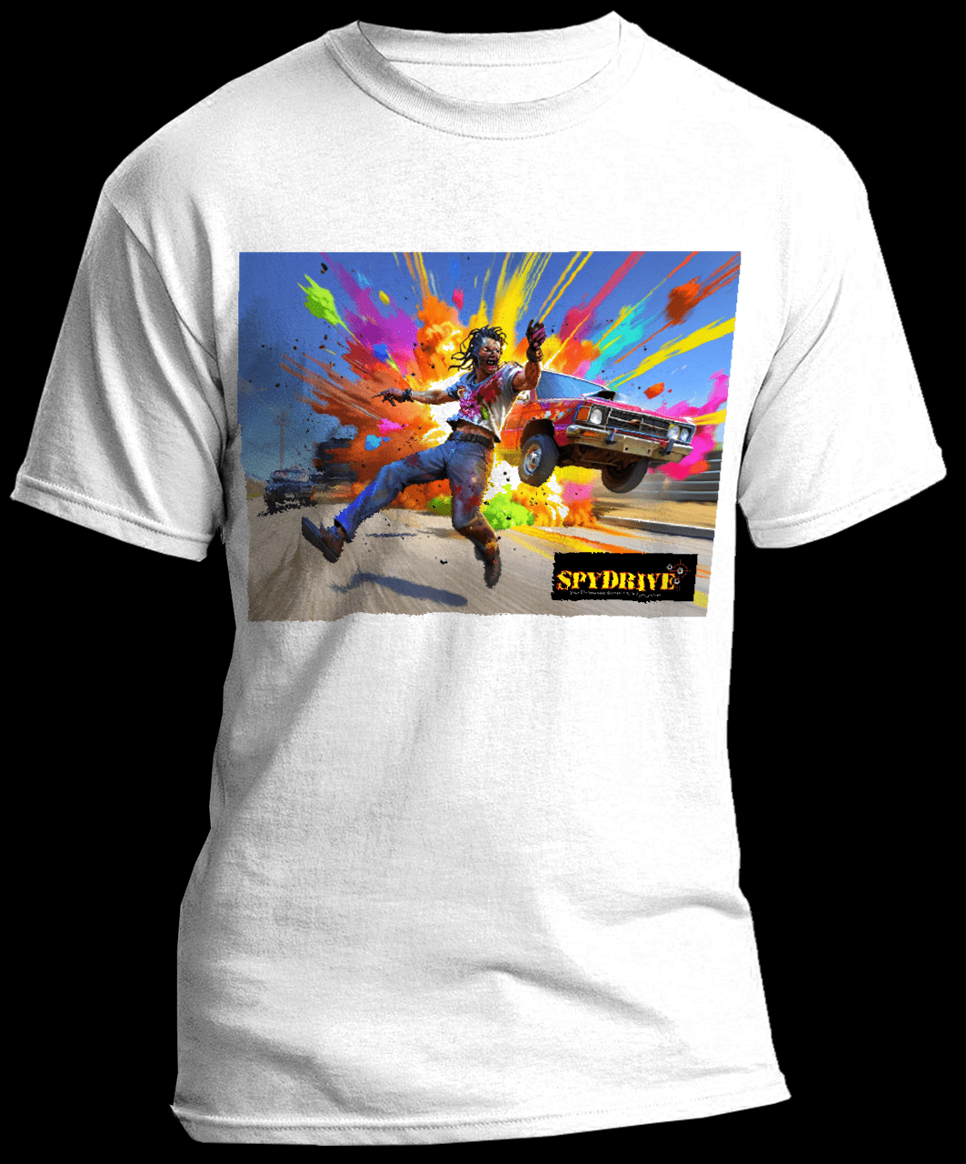 Graphic t-shirt showing a zombie flying through the air after a car impact, surrounded by a vibrant explosion of colorful paint, from SPYDRIVE apparel.
